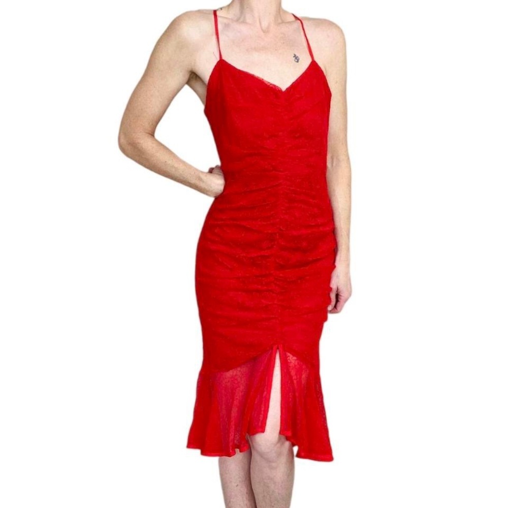 Ina Red Floral Lace Sexy Knee-Length Sleeveless Dress